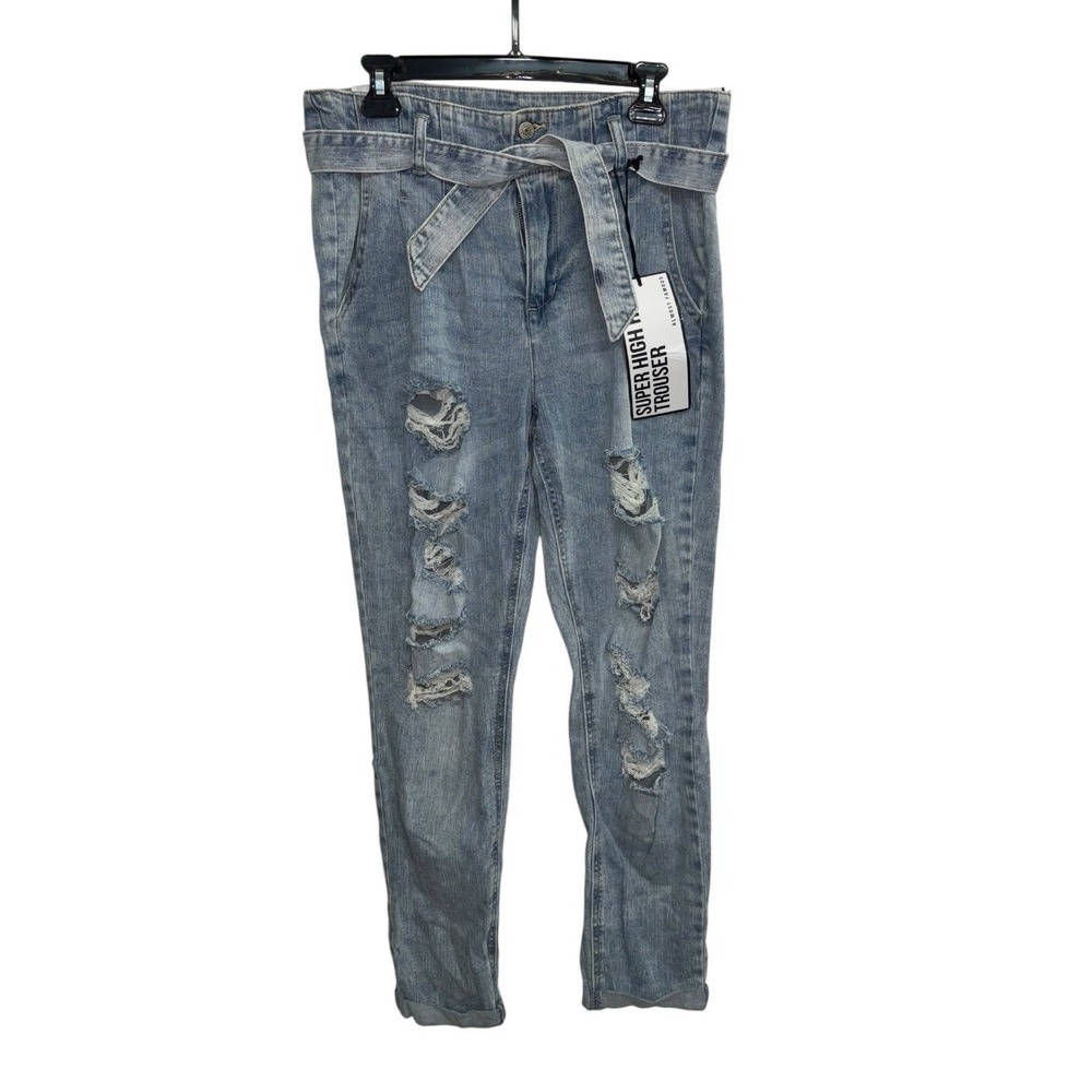 NWT Almost Famous Size 9 Super High Rise Paperbag Trouser Jeans Distressed Belt - Picture 3 of 15